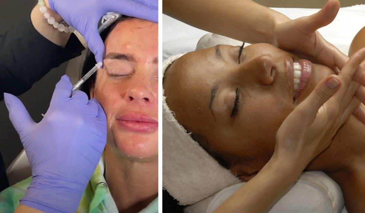 One woman getting botox and another a face massage.